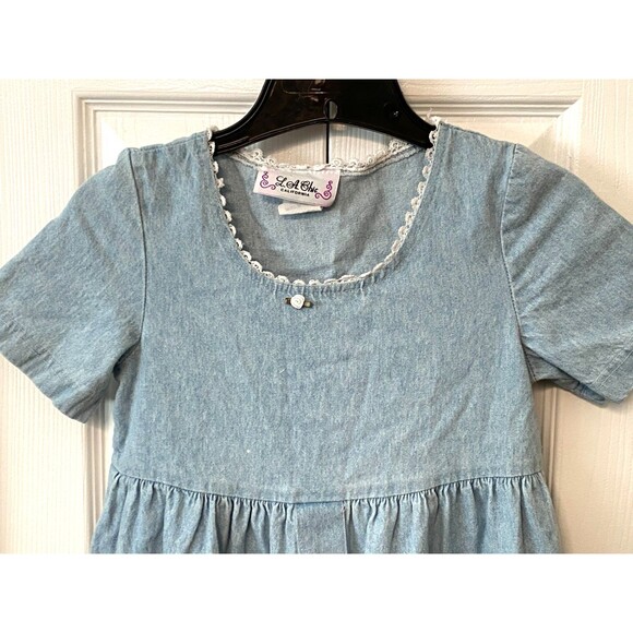 Vtg LA Chic Girls M Denim Dress Pockets Button Front USA Made Cottage Lace Kids - Picture 3 of 10
